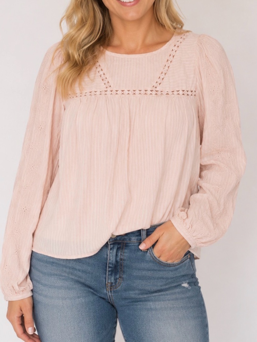 LOFT Blush Pink/pale peach Long-Sleeve Lace-Inset Peasant Blouse SZ XXS
